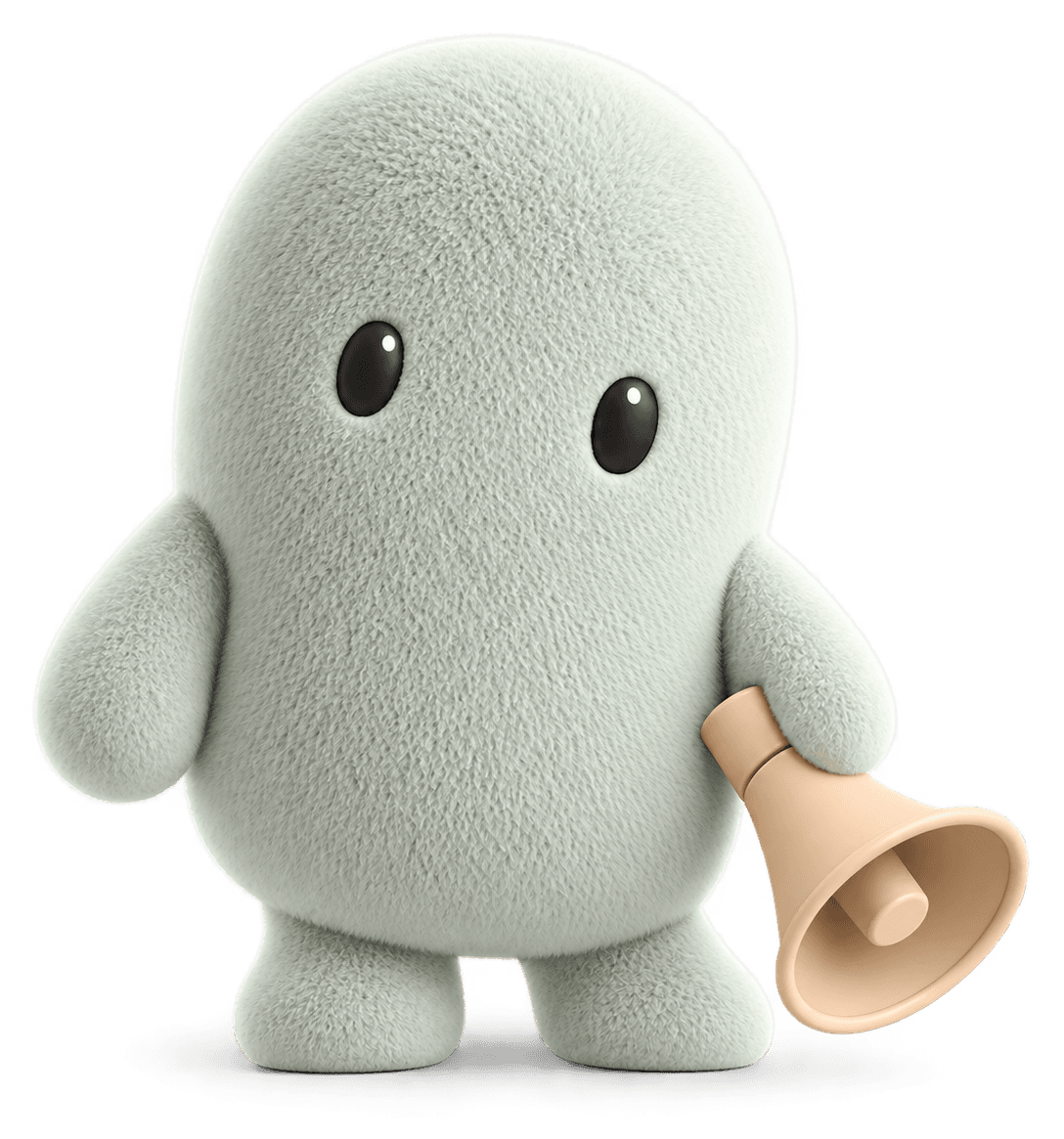Sage green Belvoro character holding a megaphone