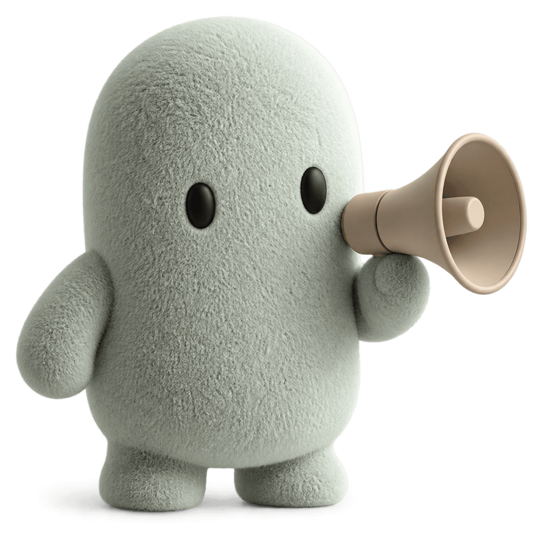 Sage green Belvoro character with a megaphone
