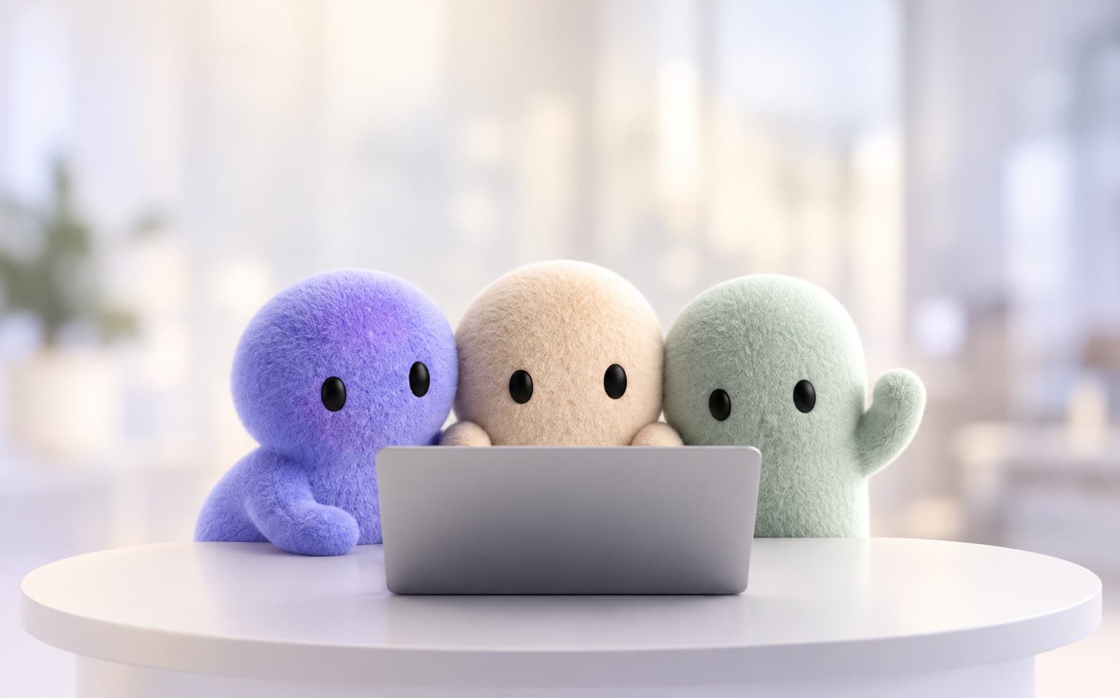 Three Belvoro characters working together at a laptop