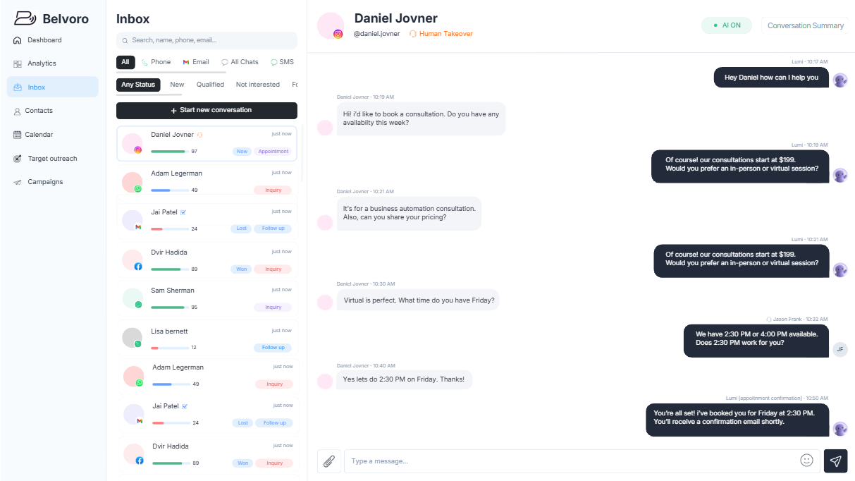 Belvoro inbox showing conversations from Instagram, WhatsApp, email, Facebook and SMS in one place